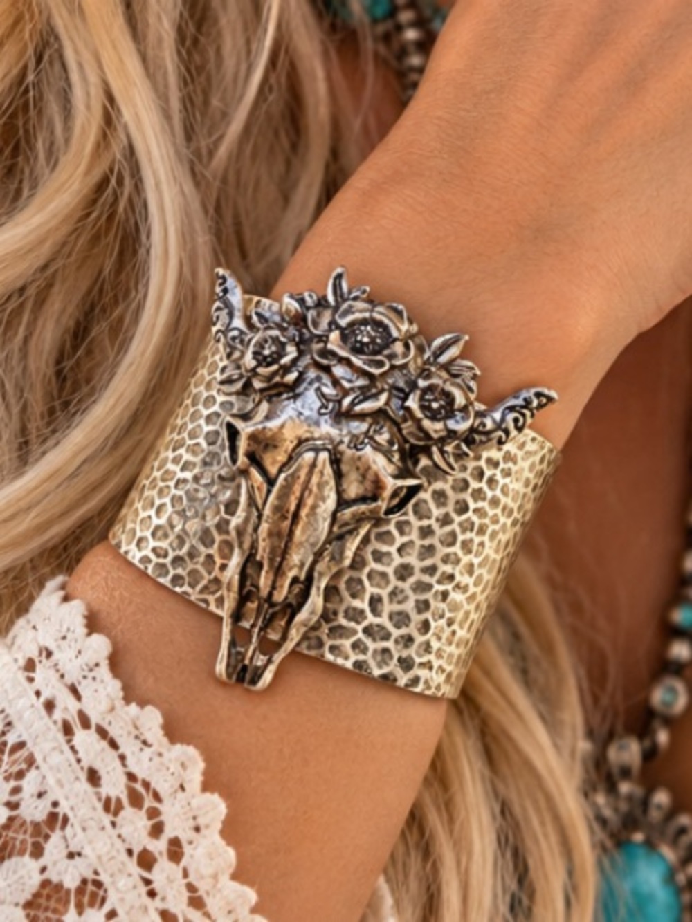 Western Longhorn Cow Skull Floral Wide Cuff Bracelet Silver Tone Boho Cowgirl